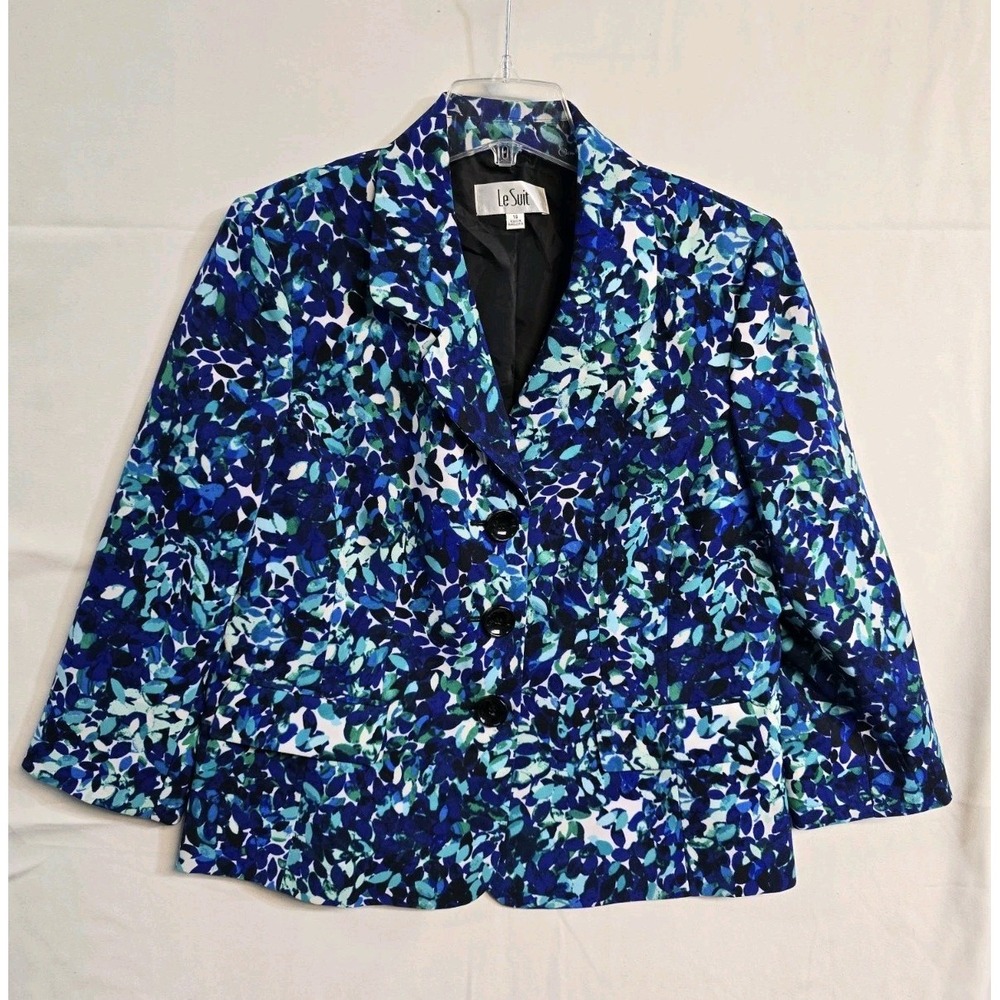 Le Suit Blue Floral Print Blazer Women's 14 Lined 3 Button